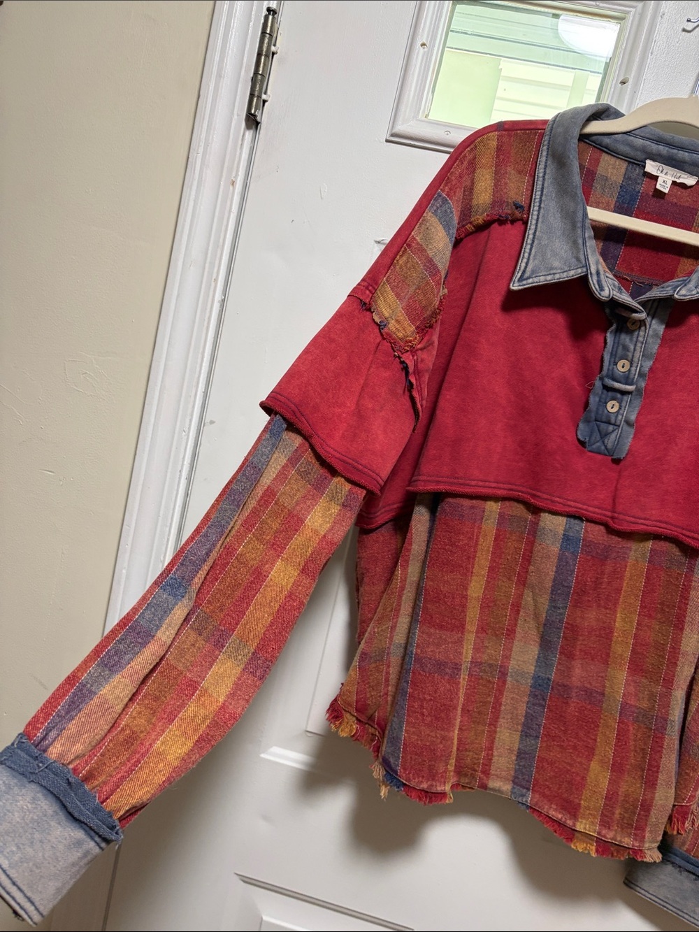 Oli & Hali Red and Blue Plaid Pullover with Chambray Trim - Picture 3 of 8